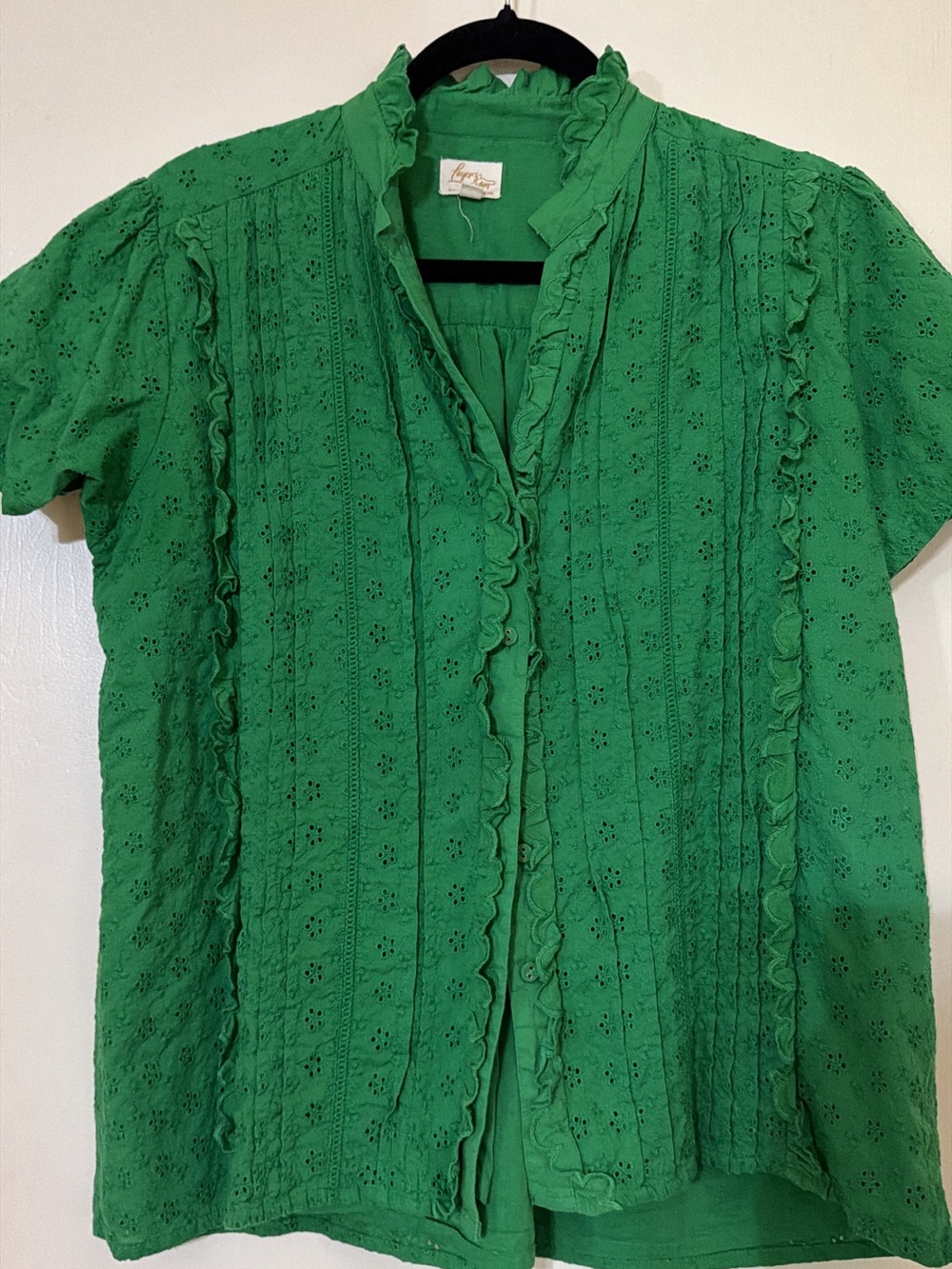 Green Eyelet Ruffle Short Sleeve Blouse